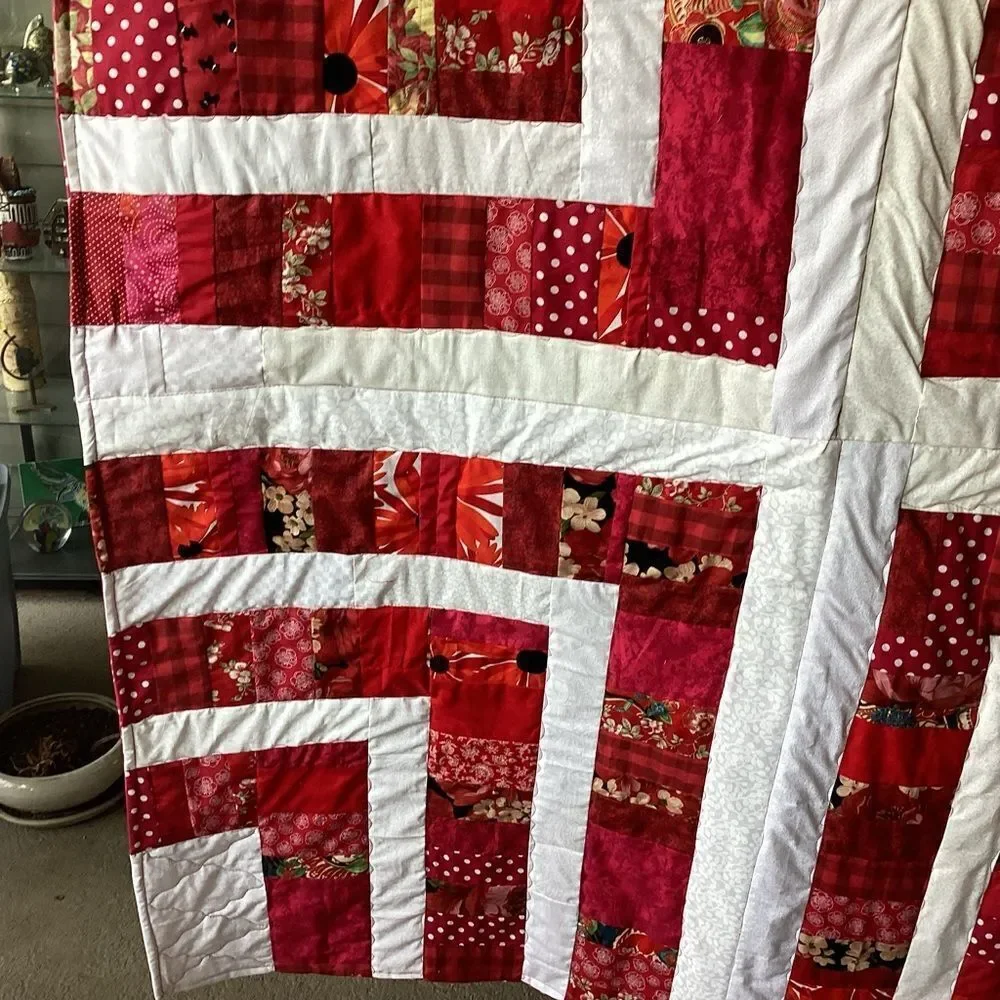 NWT. Hand Crafted “Strawberry Fields” Red and White Patchwork Quilt